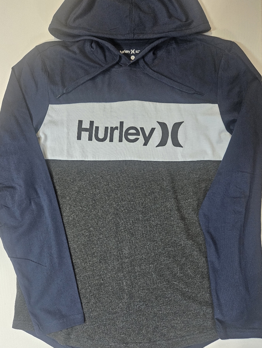 Hurley Hoodie Pullover Mens Small Grey Navy Blue Casual Athleisure Streetwear